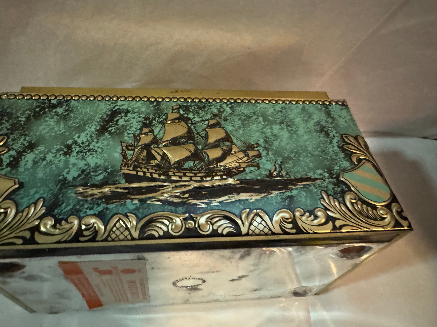 Four Mast Ship Teal Blue Tin with Hinged Lid Vintage