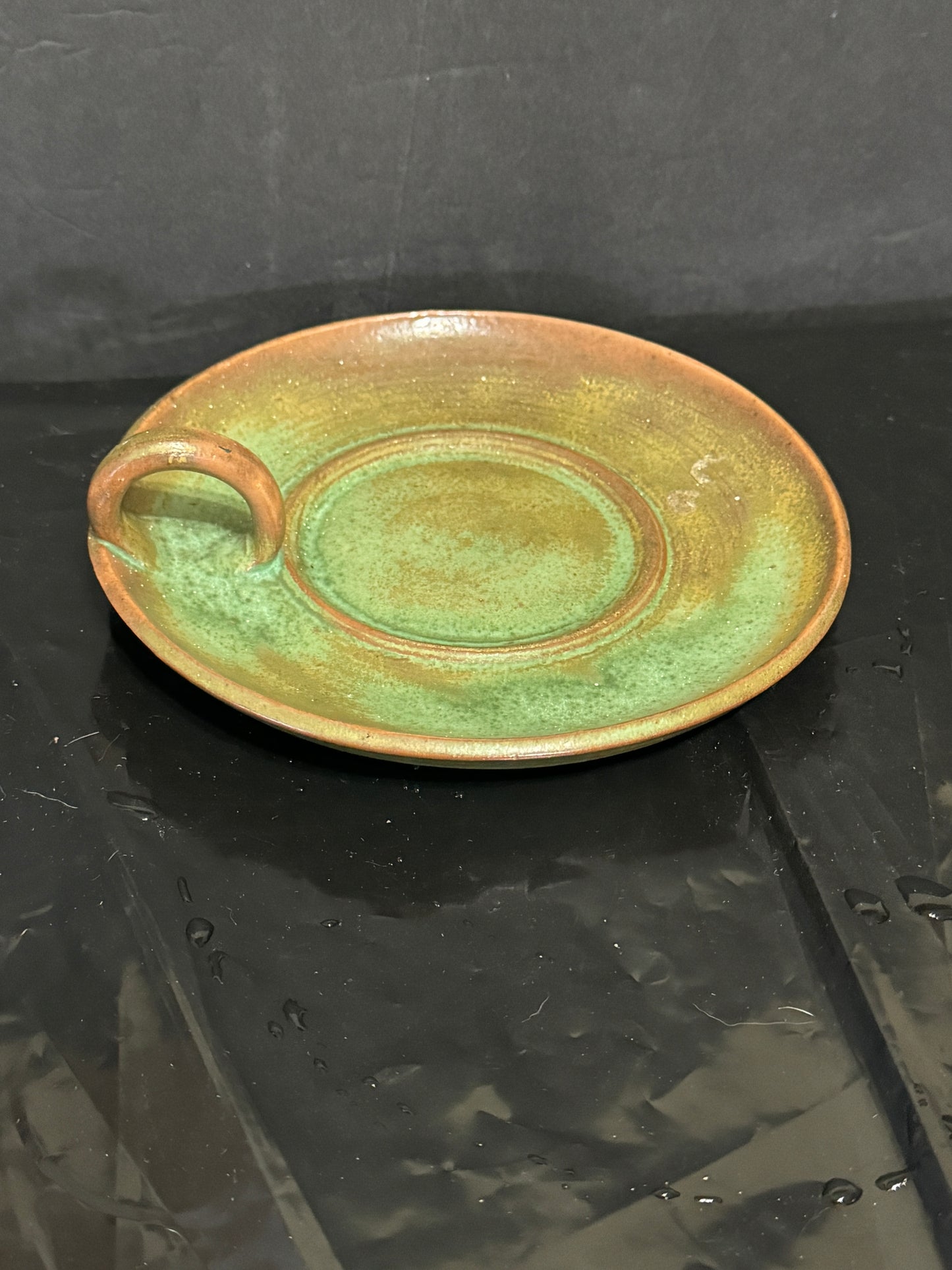 Green Glaze Low Chamberstick NC Pottery unmarked Possibly Cole Vintage