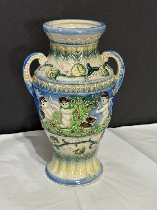 Japanese Double Handle Porcelain Vase with 5 Cherubs