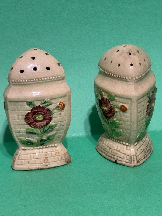 Triangular Floral Salt N Pepper Shakers Hand Painted - Vintage