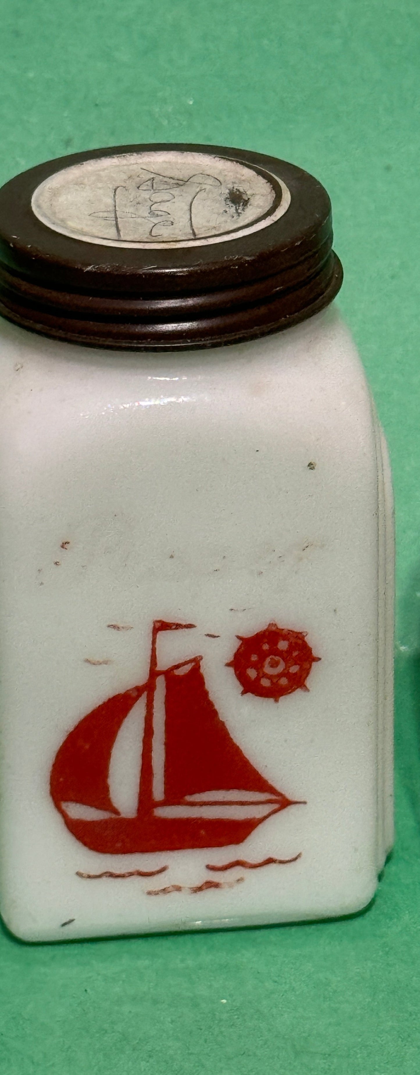 Red Sailboat Milk Glass Salt or Pepper Shaker - VINTAGE