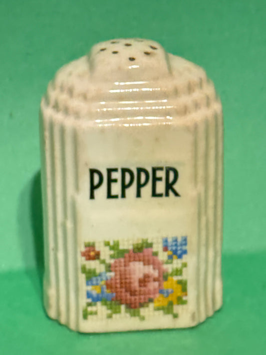 Pepper Shaker Large White With Cross Stitch Roses on Fronts 20s Vintage