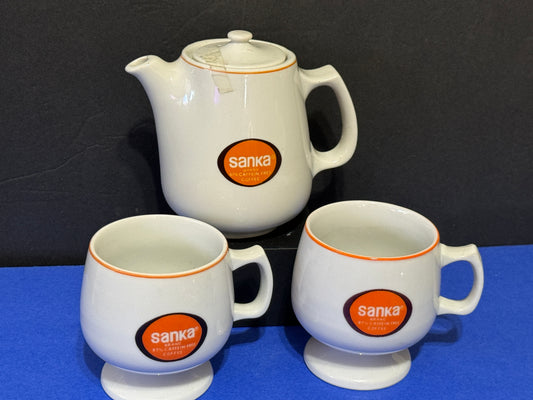 Sanka Ceramic Single Serve Coffee Pot Set with 2 Cups Hall Pottery Vintage