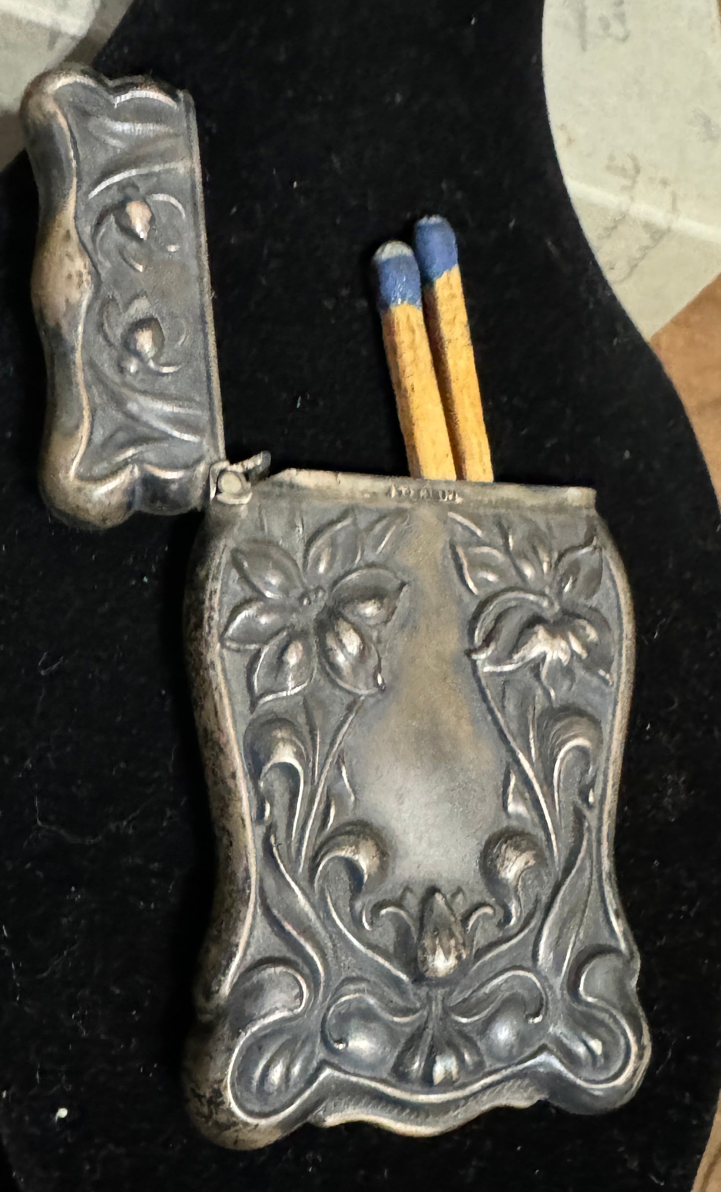 American Sterling Silver Match Safe Scroll and Floral Spray