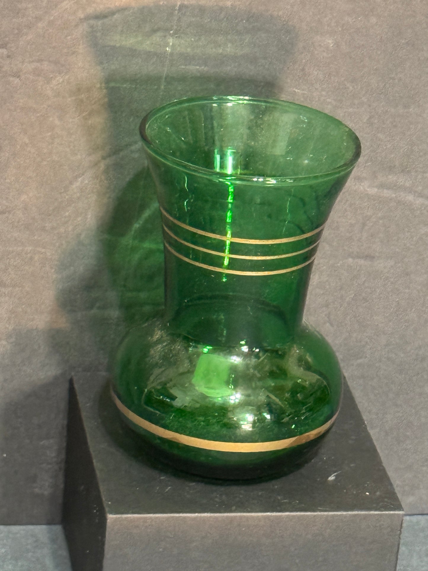 Anchor Hocking Forest Green Glass Small Bud Vase with Gold Detailing - Vintage