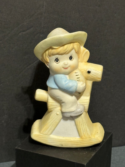 Little Boy Riding a Rocking Horse Ceramic Homeco 1990s Vintage