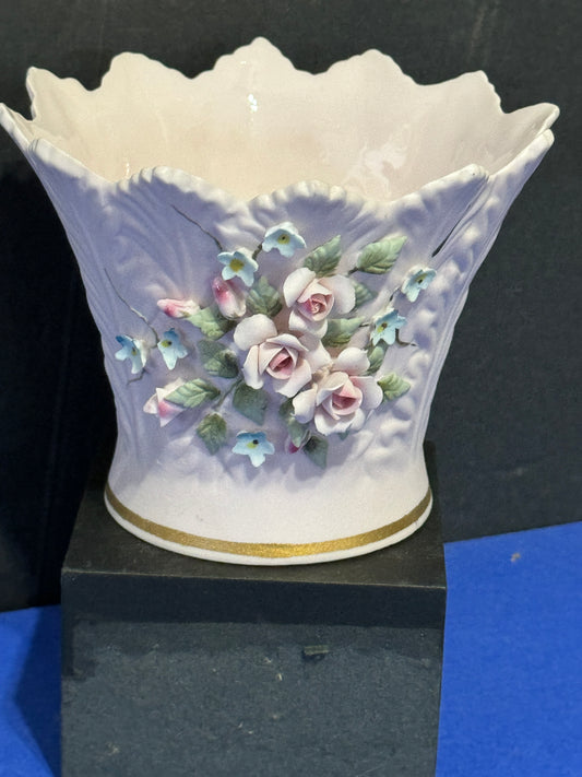 Pink with Hand Painted Roses Porcelain Vase Lefton - VINTAGE