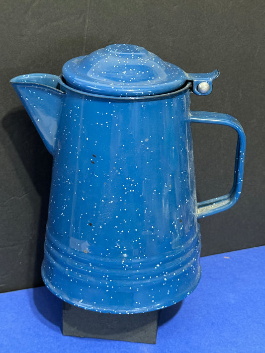 Enamelware Coffee Pot Blue Speckled Metal Hinged Lid - VINTAGE