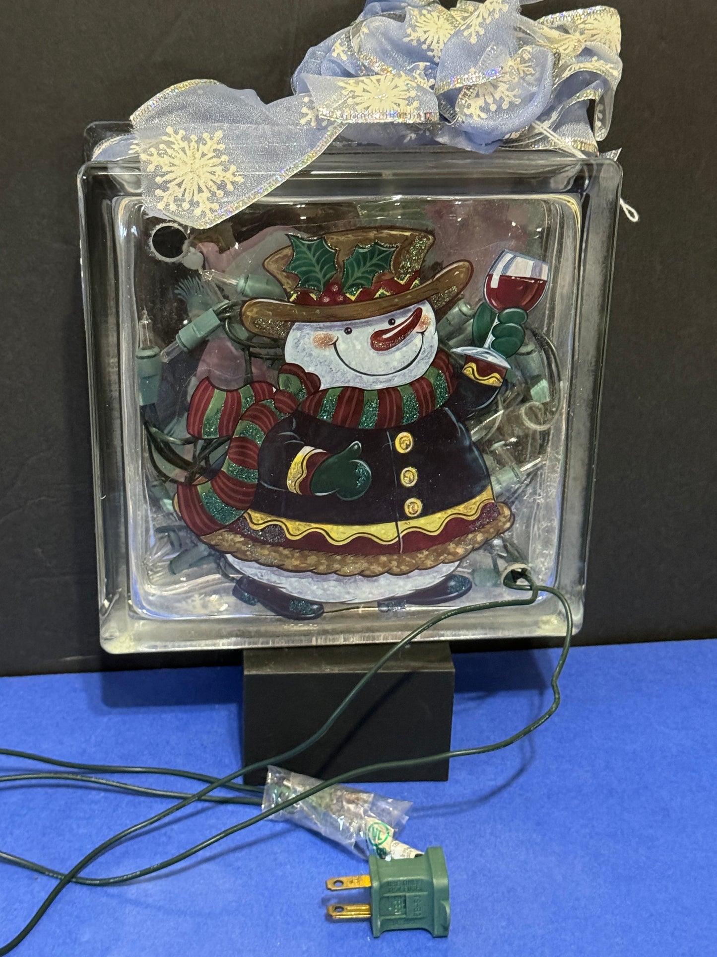 Christmas Glass Block - Snowman and Lights - VINTAGE