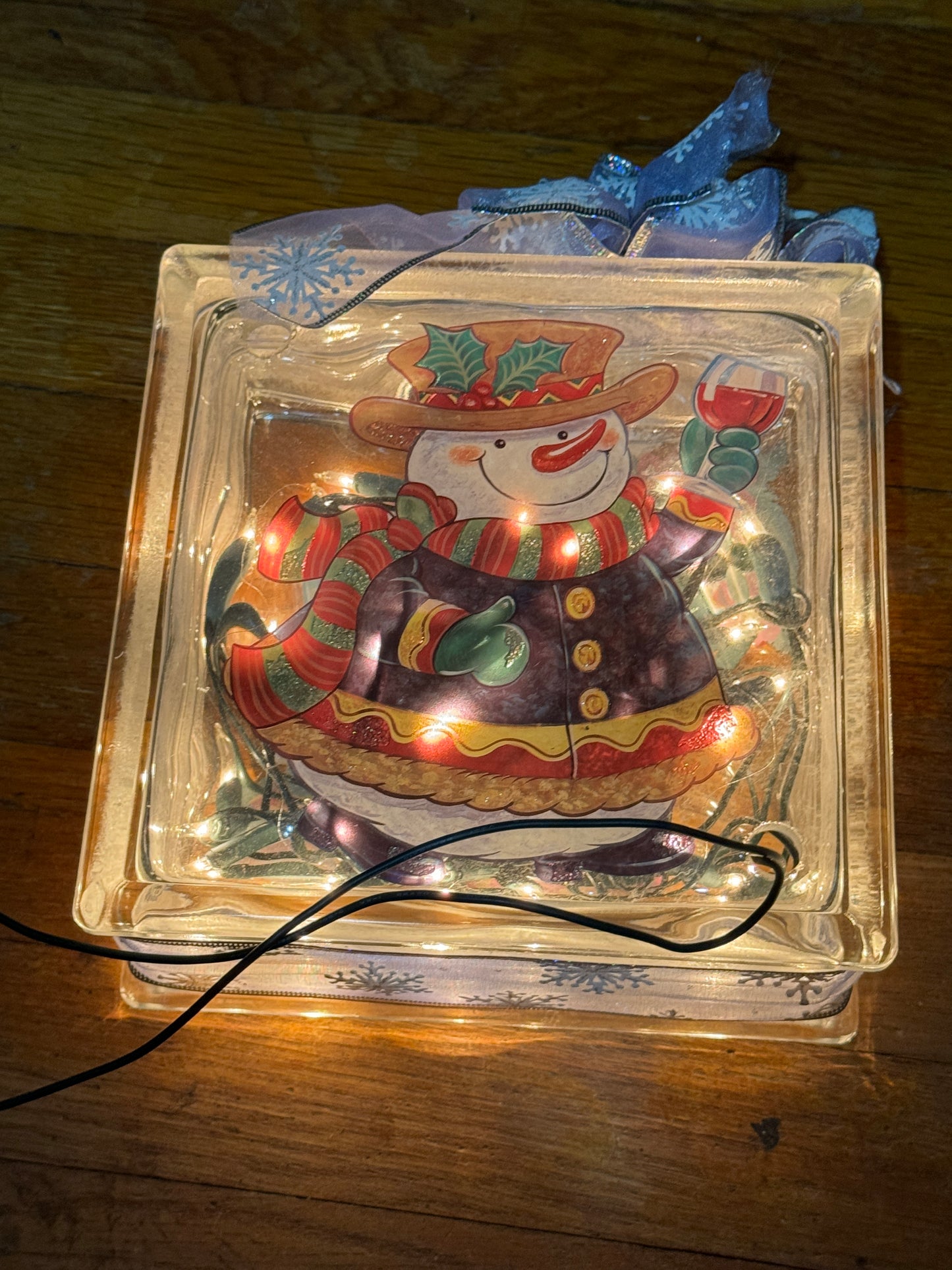 Christmas Glass Block - Snowman and Lights - VINTAGE