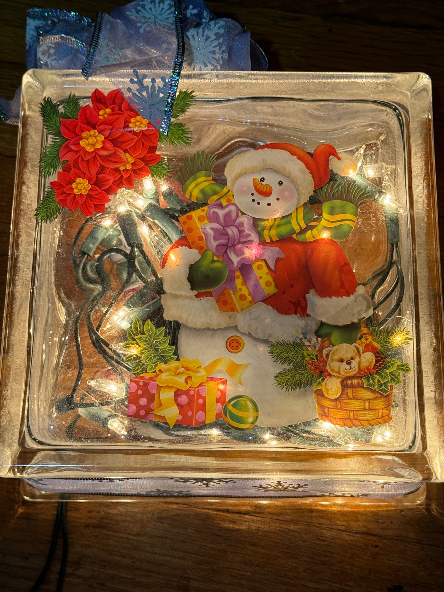 Christmas Glass Block - Snowman and Lights - VINTAGE