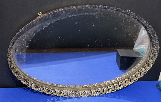 Mirror Vanity Tray Oval Gold Filigree Hollywood Regency - Vintage