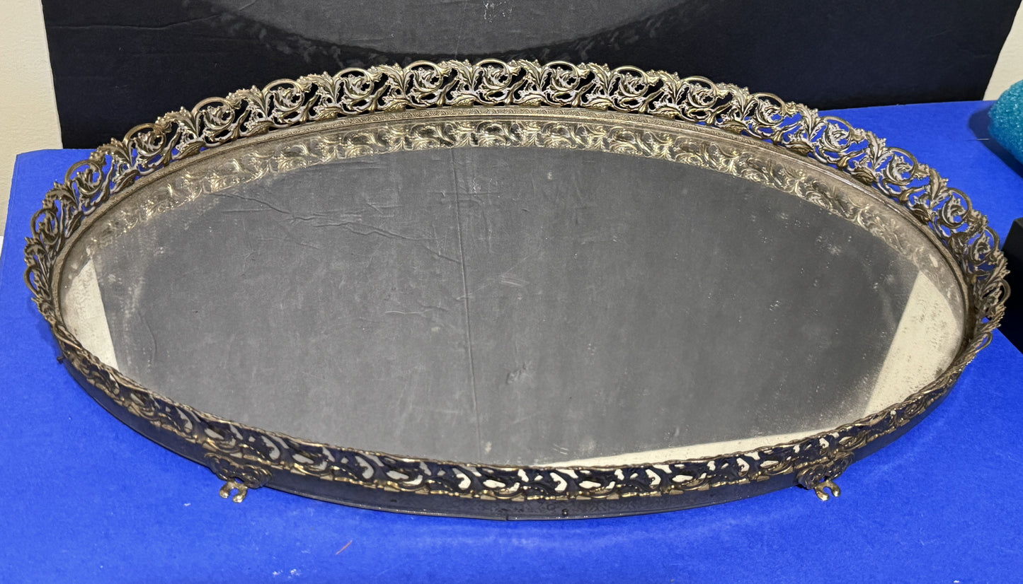 Mirror Vanity Tray Oval Gold Filigree Hollywood Regency - Vintage