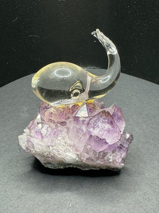 Blown Glass Whale on Amethyst Crystal Cluster - Vintage