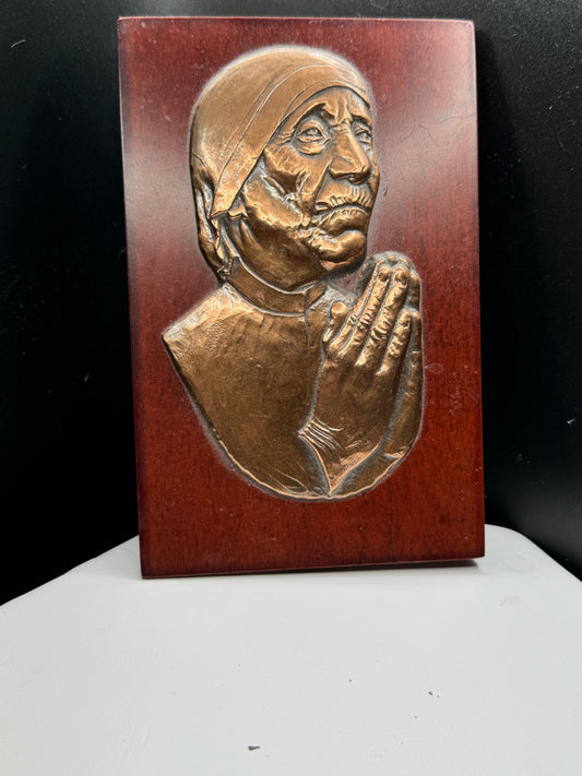 Mother Theresa Wood and Brass Plaque - Vintage