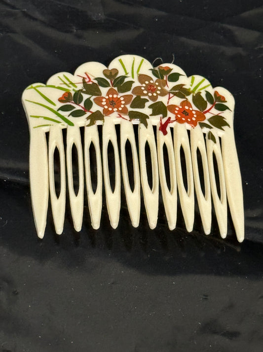 Ivory Comb Cream colored Hand-painted Floral and leaves Vintage