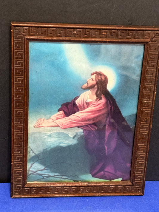 Jesus Praying At Gethsemane Print In Ornate Wooden Frame - Vintage Antique