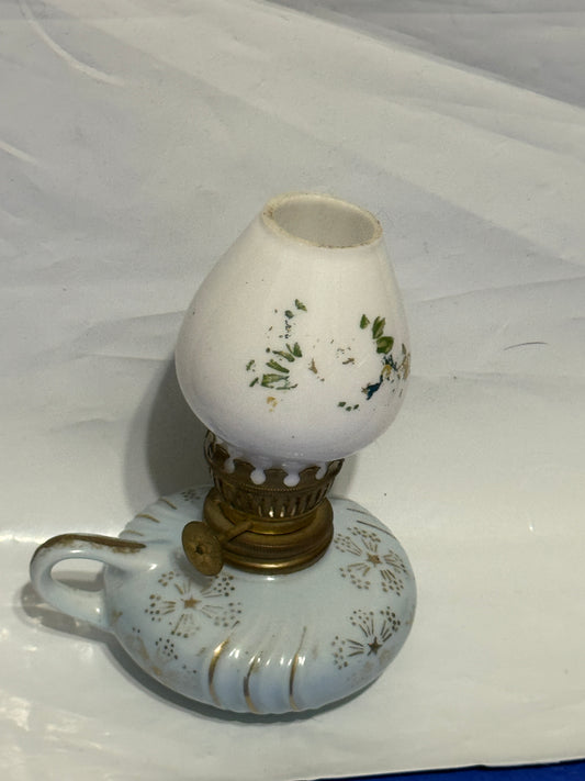 Mini Oil Lamp Porcelain, Glass Powder Blue with Gold Accents - VINTAGE