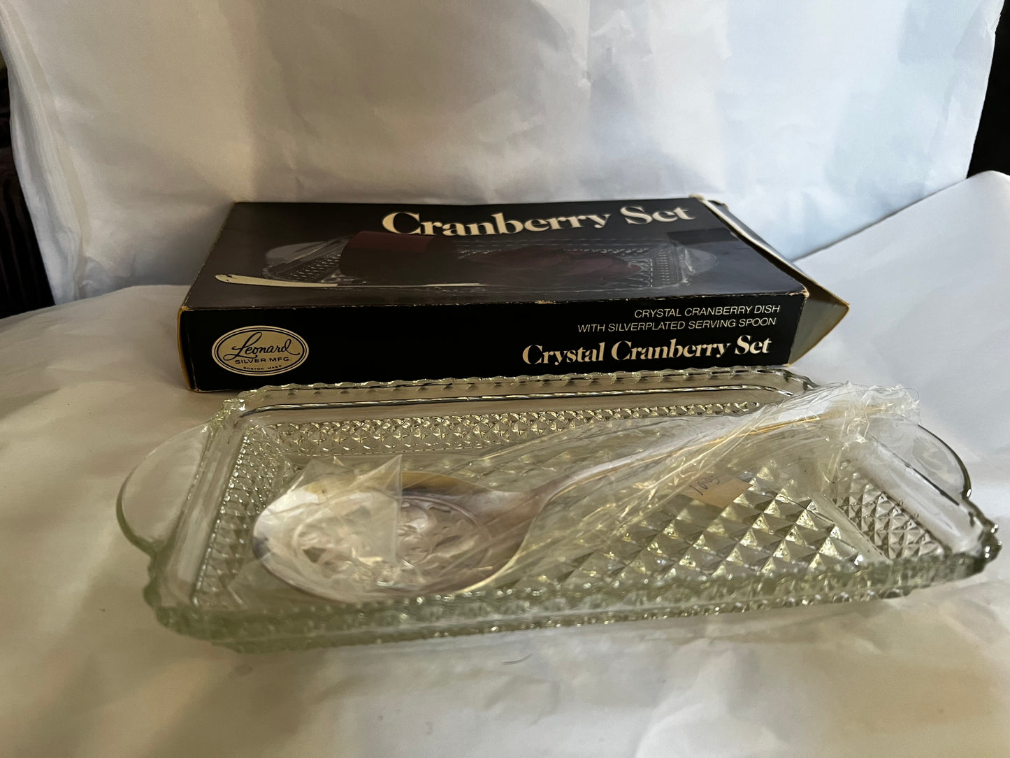 Crystal Cranberry Set Silver Plated Spoon Vtg Leonard Mfg USA Box New 10x5 FrSh