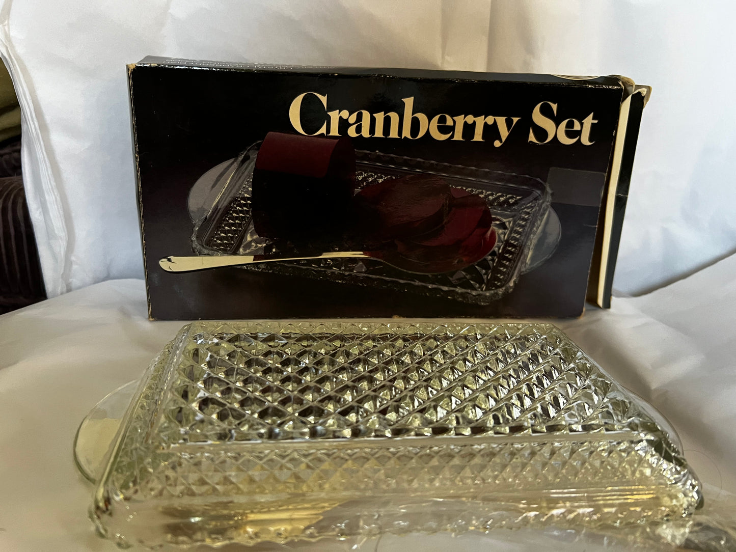 Crystal Cranberry Set Silver Plated Spoon Vtg Leonard Mfg USA Box New 10x5 FrSh