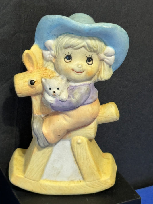 Little Girl Riding on Her Rocking Horse Ceramic Homeco 1990s Vintage