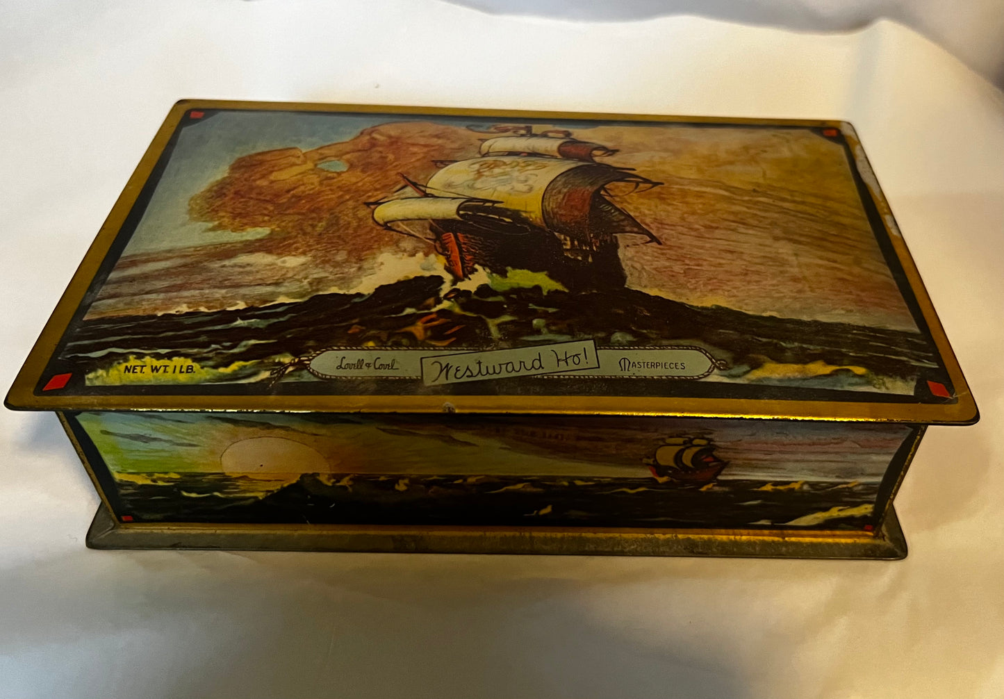 Westward Ho Sailing Ship Vintage Tin Lovell & Covel Masterpieces 1930s  Used