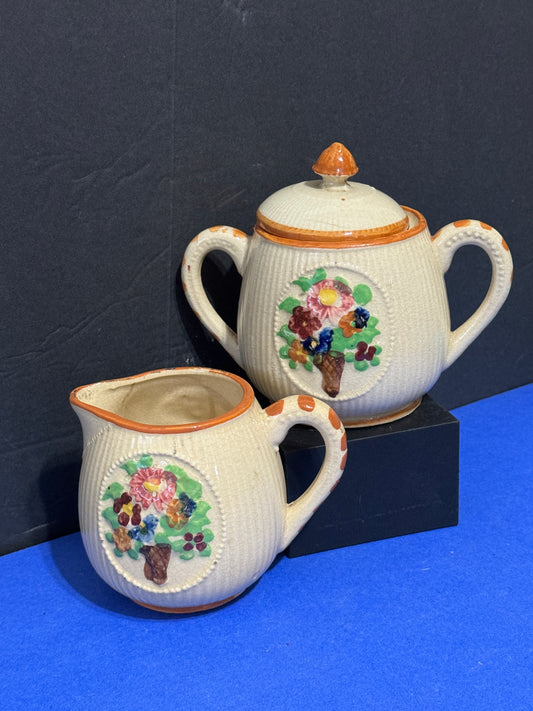 Majolica Cream and Sugar Bowl with Lid - VINTAGE