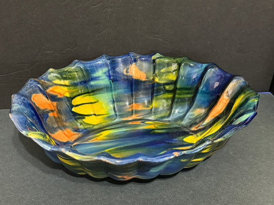 Multi Colored Oval Ribbed Majolica Bowl Gorgeous Drip - Vintage