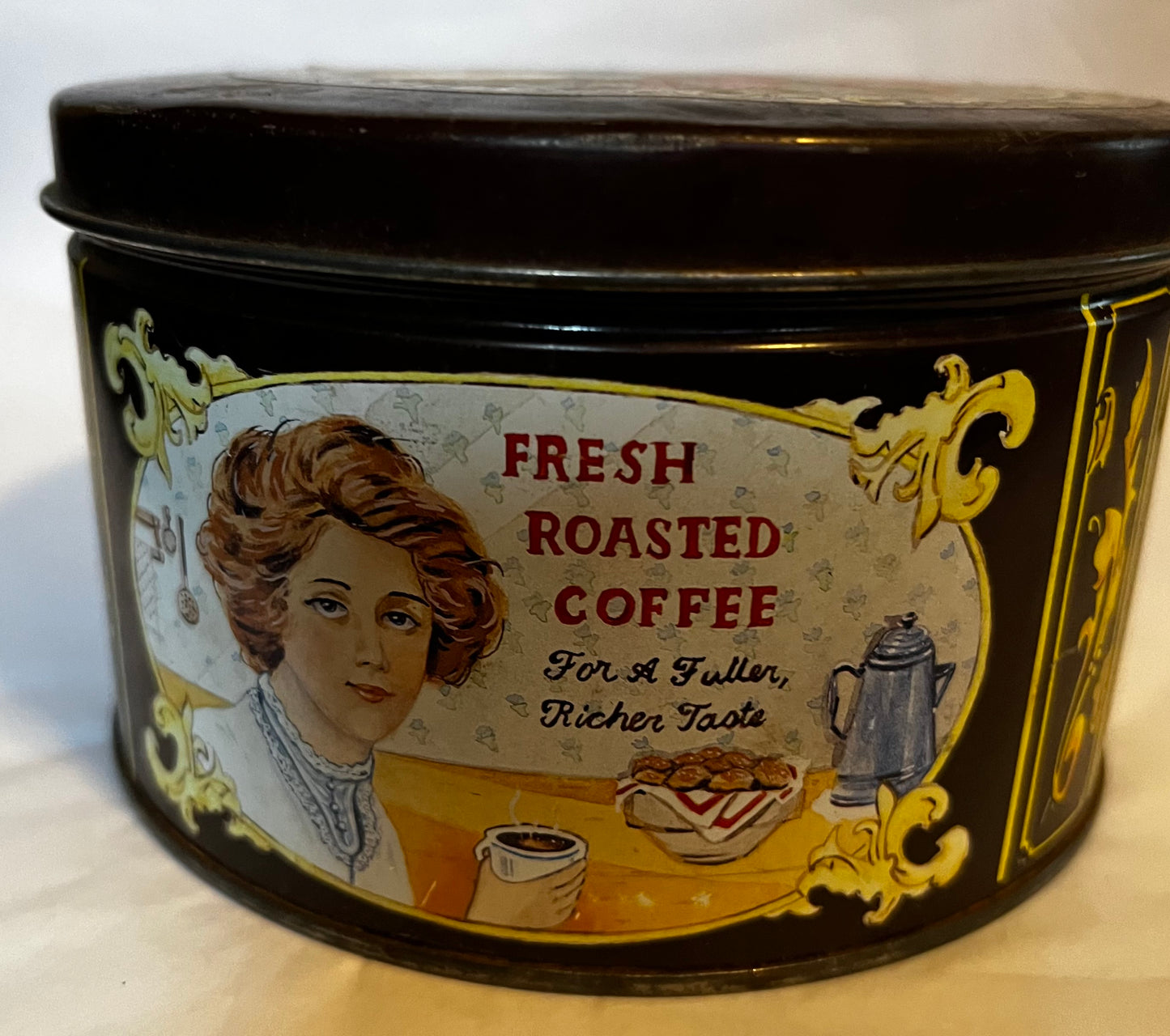 Brown Mr. Coffee Round Tin Collectable Antique Victorian Look ~ Empty Vintage