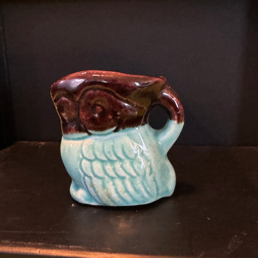 Owl Brown and Blue Creamer Mini Vase with handle 1950s