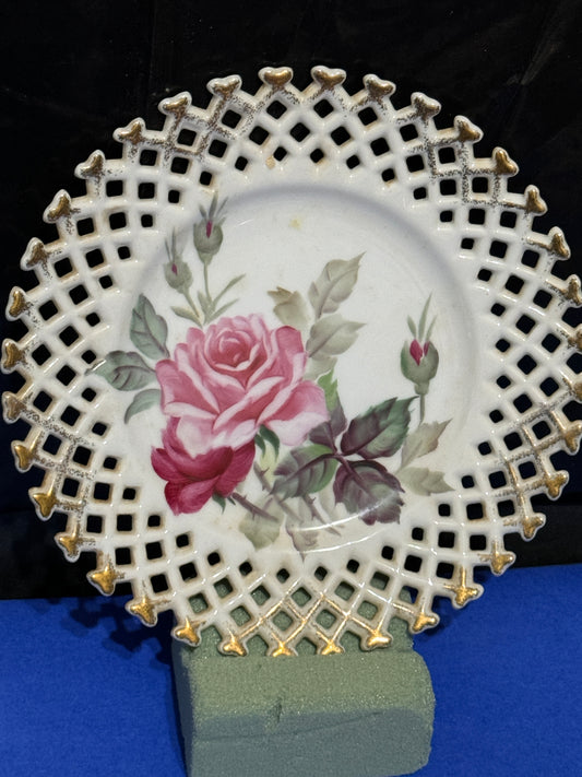 Plate Roses White Lattice Gold LEFTON Hand Painted Japan - VINTAGE