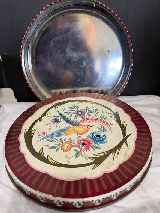 Red and Gold Striped Tin with Birds and Flowers Vintage