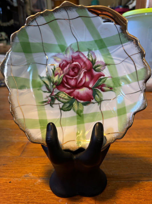 Rose Green Checker Design Porcelain Bowl Trimontware Vintage