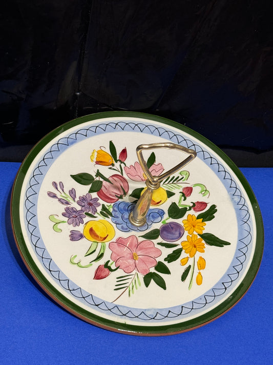 Sangl Fruit And Flowers Round Serving Platter w/ Metal Handle Vintage