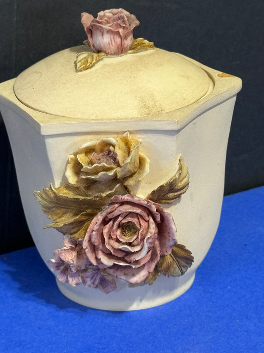 Six Sided Trinket Bowl with Lid Raised Porcelain Flowers - VINTAGE