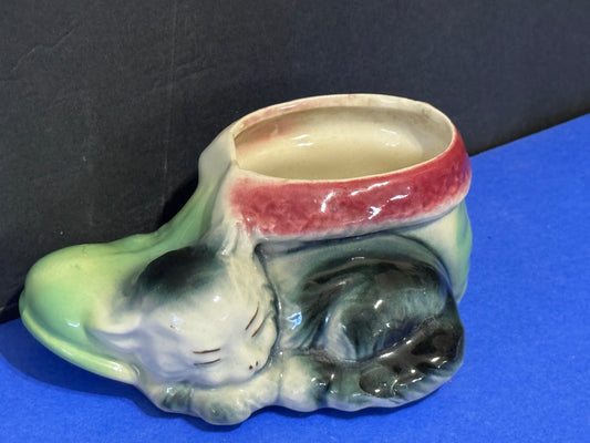 Sleeping Kitten Shoe Planter Cat Bisque - VINTAGE