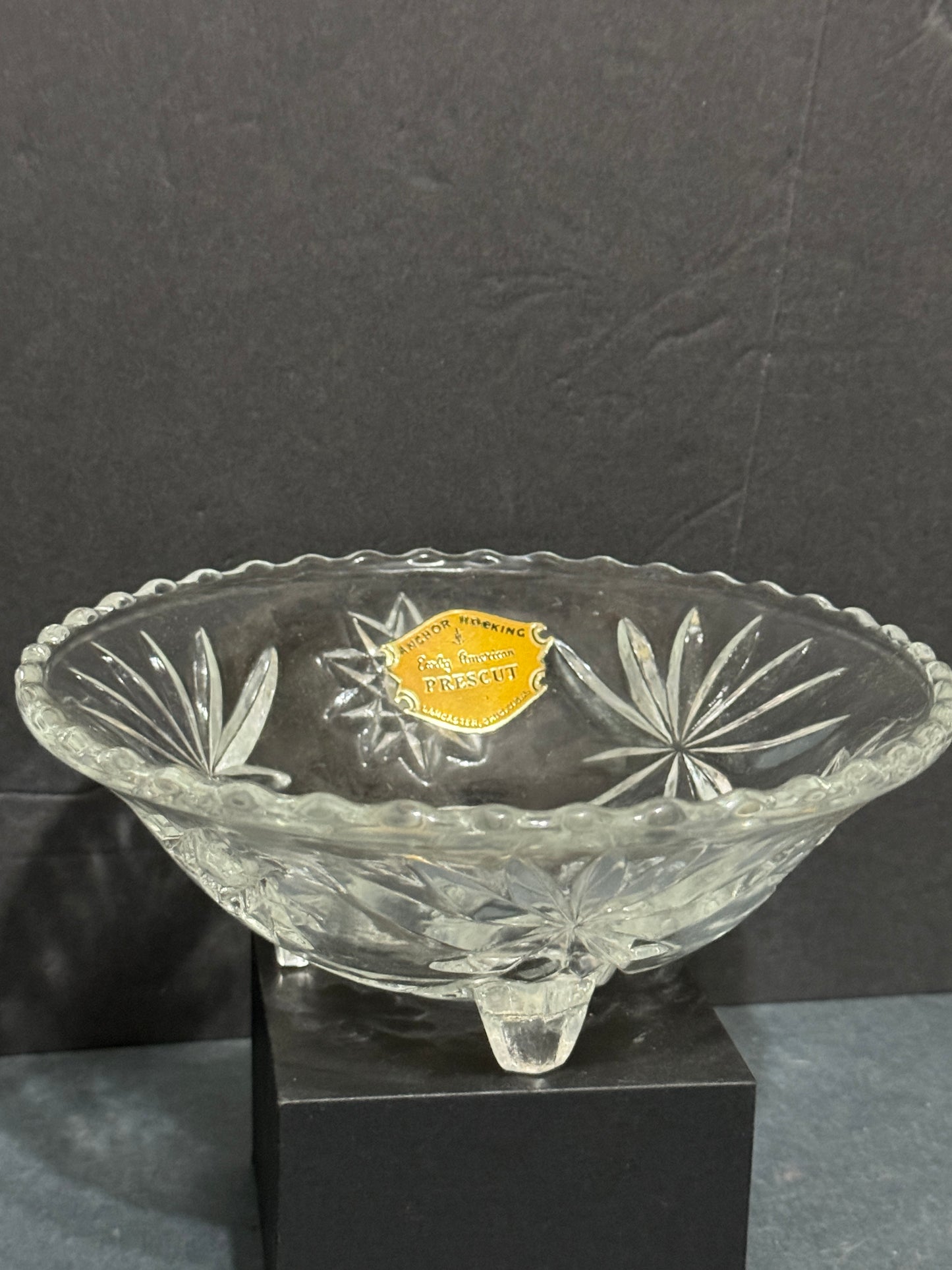 Star of David Round Clear Glass Footed Bowl Anchor Hocking - Vintage