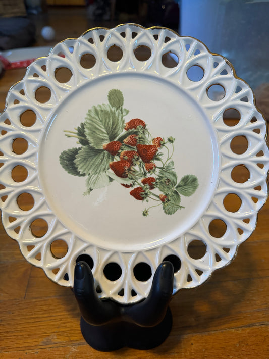 Strawberry Painted Trivet Plate Ceramic with inscription on back