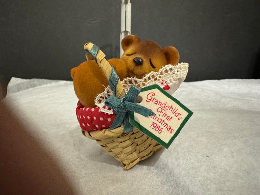 Grandchild's First Christmas 1986 - Hallmark Ornament - Teddy Bear in a Basket