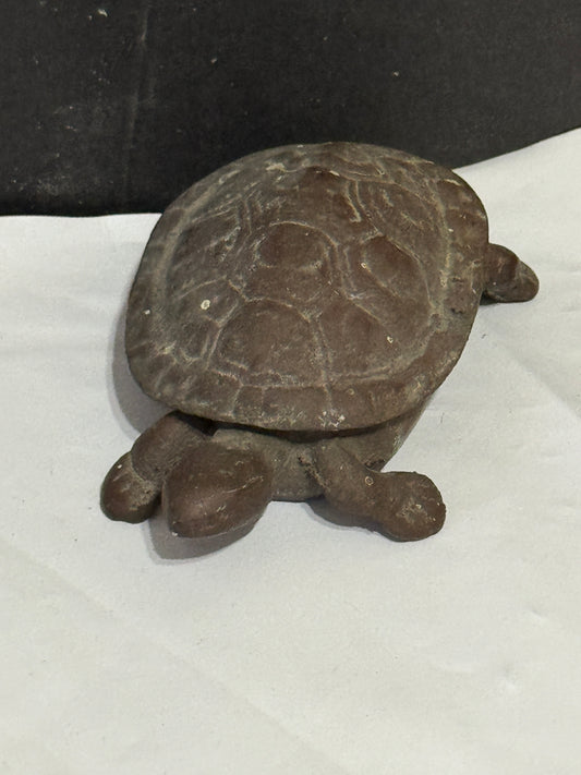 Cast Iron Bronze Turtle Match Keeper Box Fireplace Trinket - Vintage