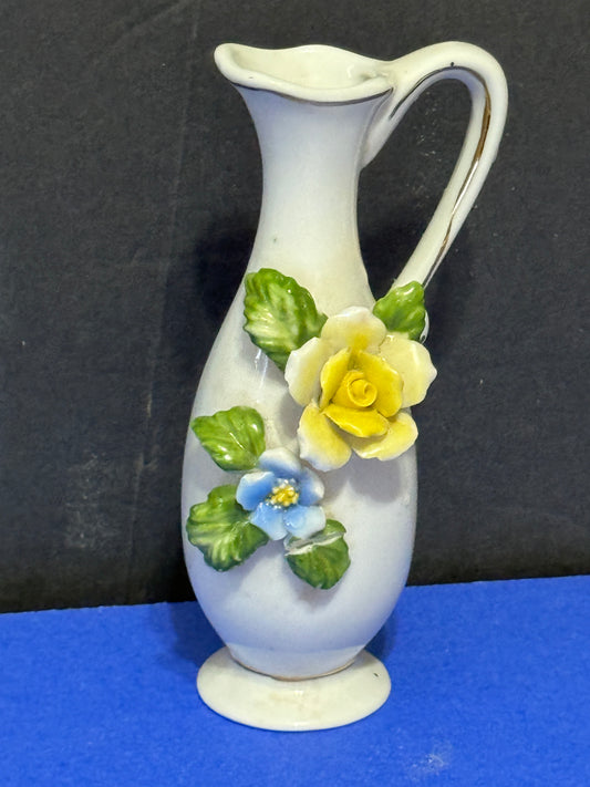 Ceramic Pitcher Vase Floral Design White Blue Yellow Taiwan VINTAGE