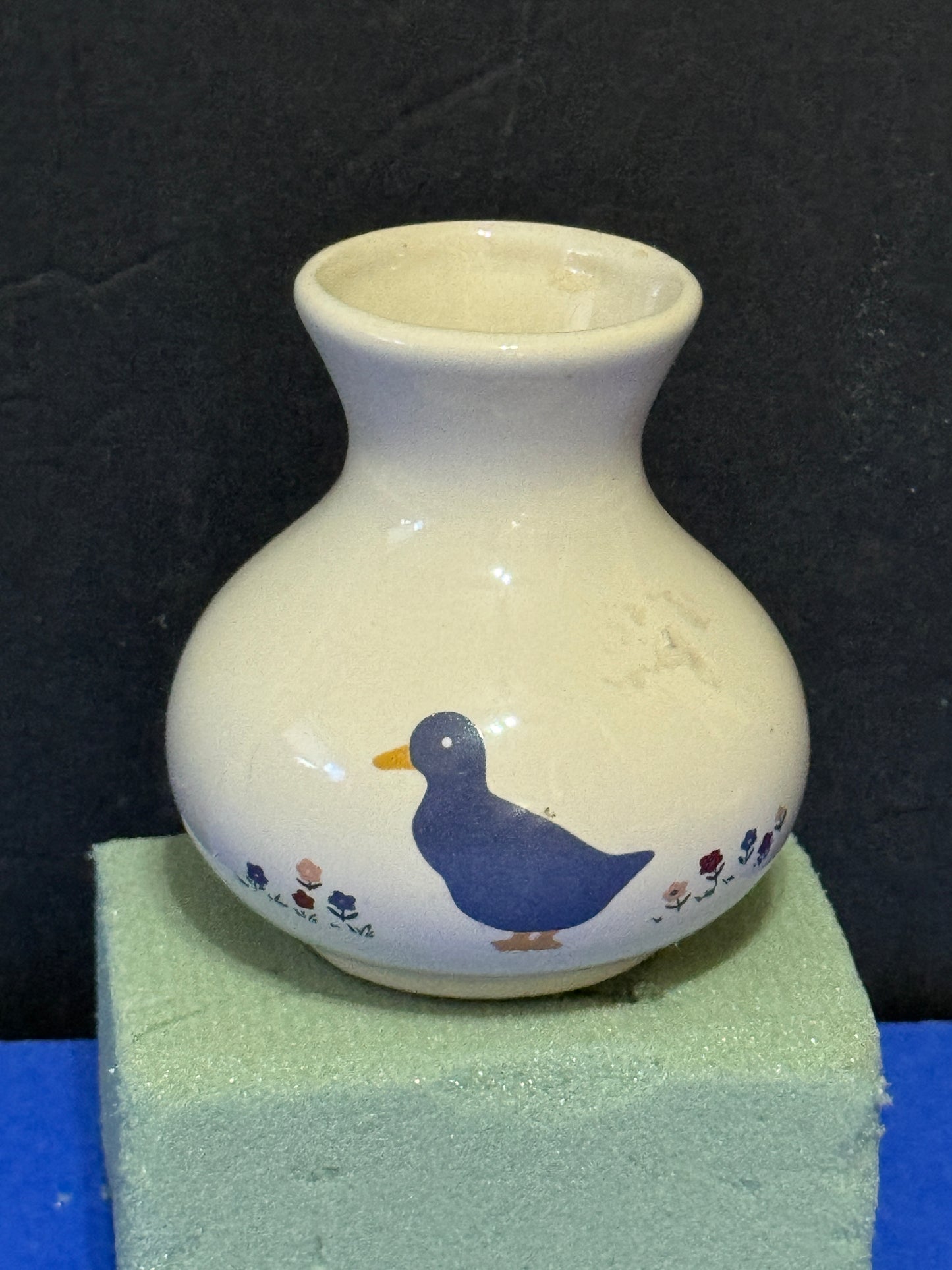 Hand painted Duck and flowers Ceramic Vase or Candle Holder 80s Vintage