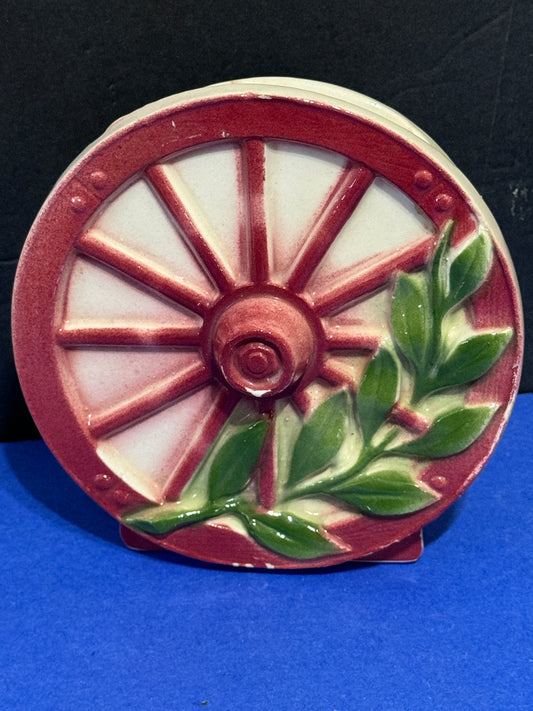 McCoy Dusty Rose Wagon Wheel Wall Pocket Planter w/Green Leaves - Vintage