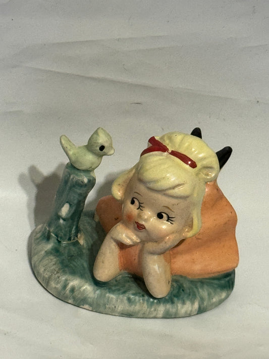 Young Girl with Bird Ceramic Figurine - VINTAGE