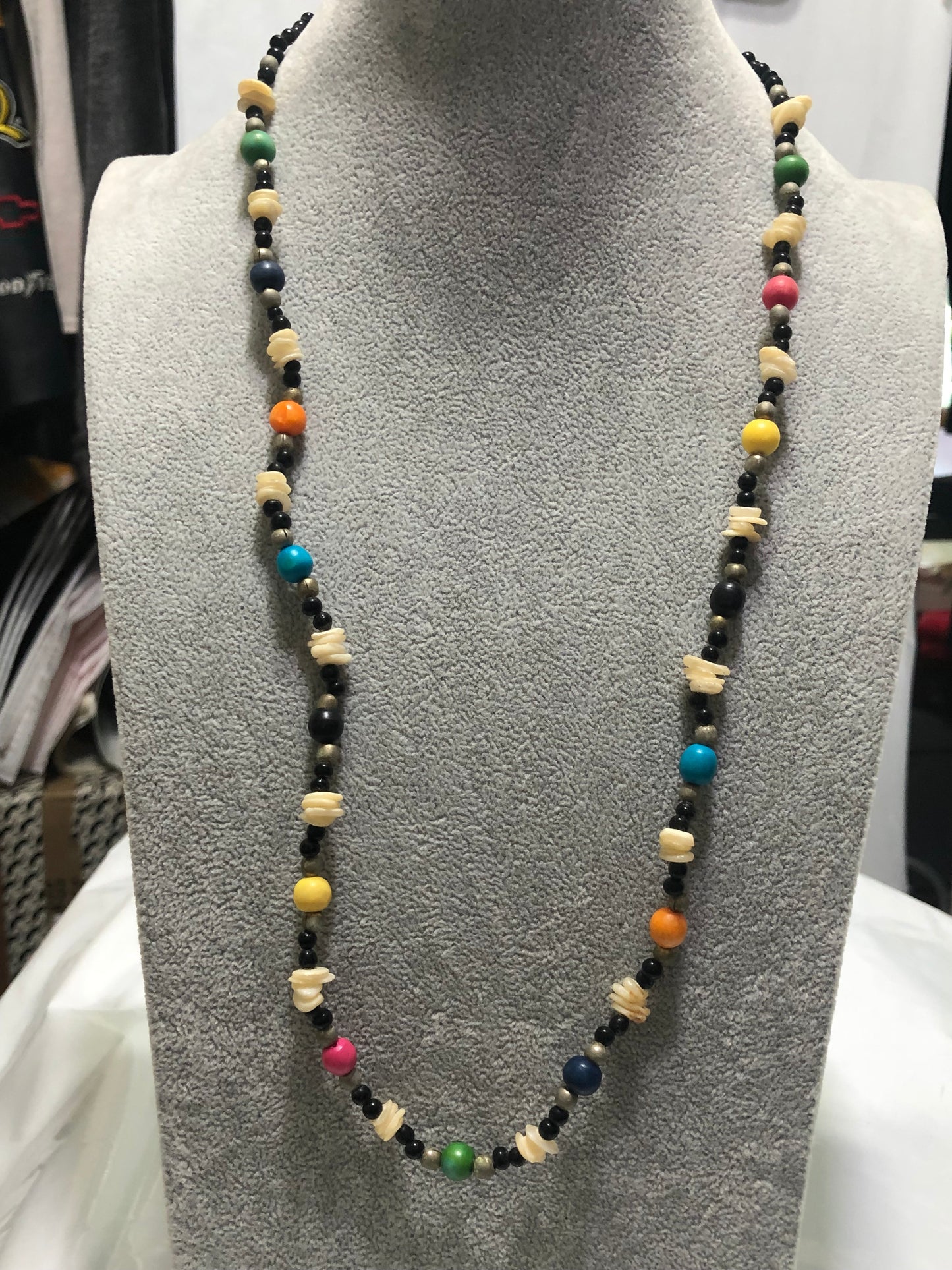 Beaded Necklace - Agate, Shells and Silver 28"