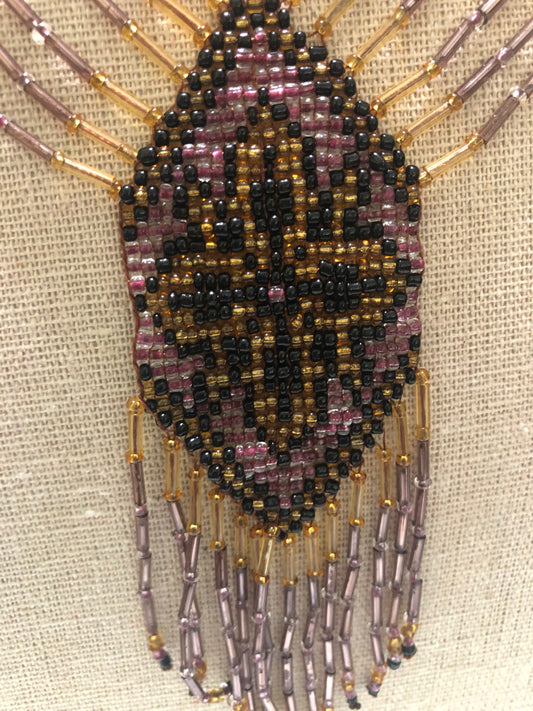 Loomed Beaded Necklace - Native American design - Purple Gold and Black Vintage