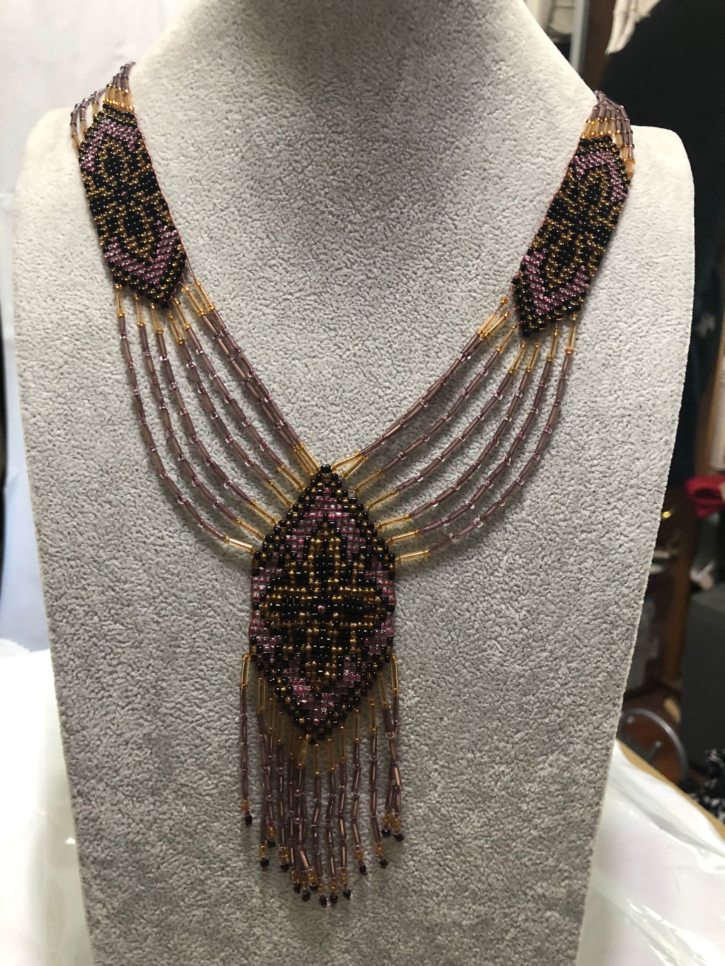 Loomed Beaded Necklace - Native American design - Purple Gold and Black Vintage