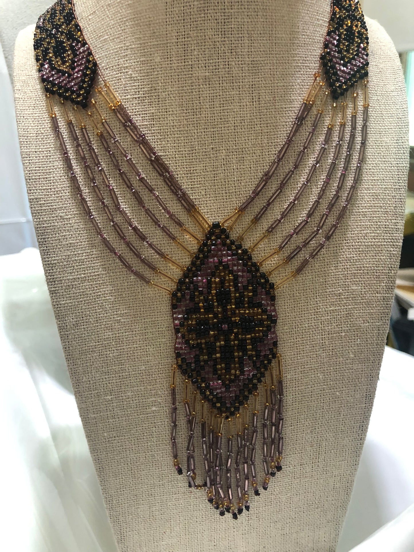 Loomed Beaded Necklace - Native American design - Purple Gold and Black Vintage