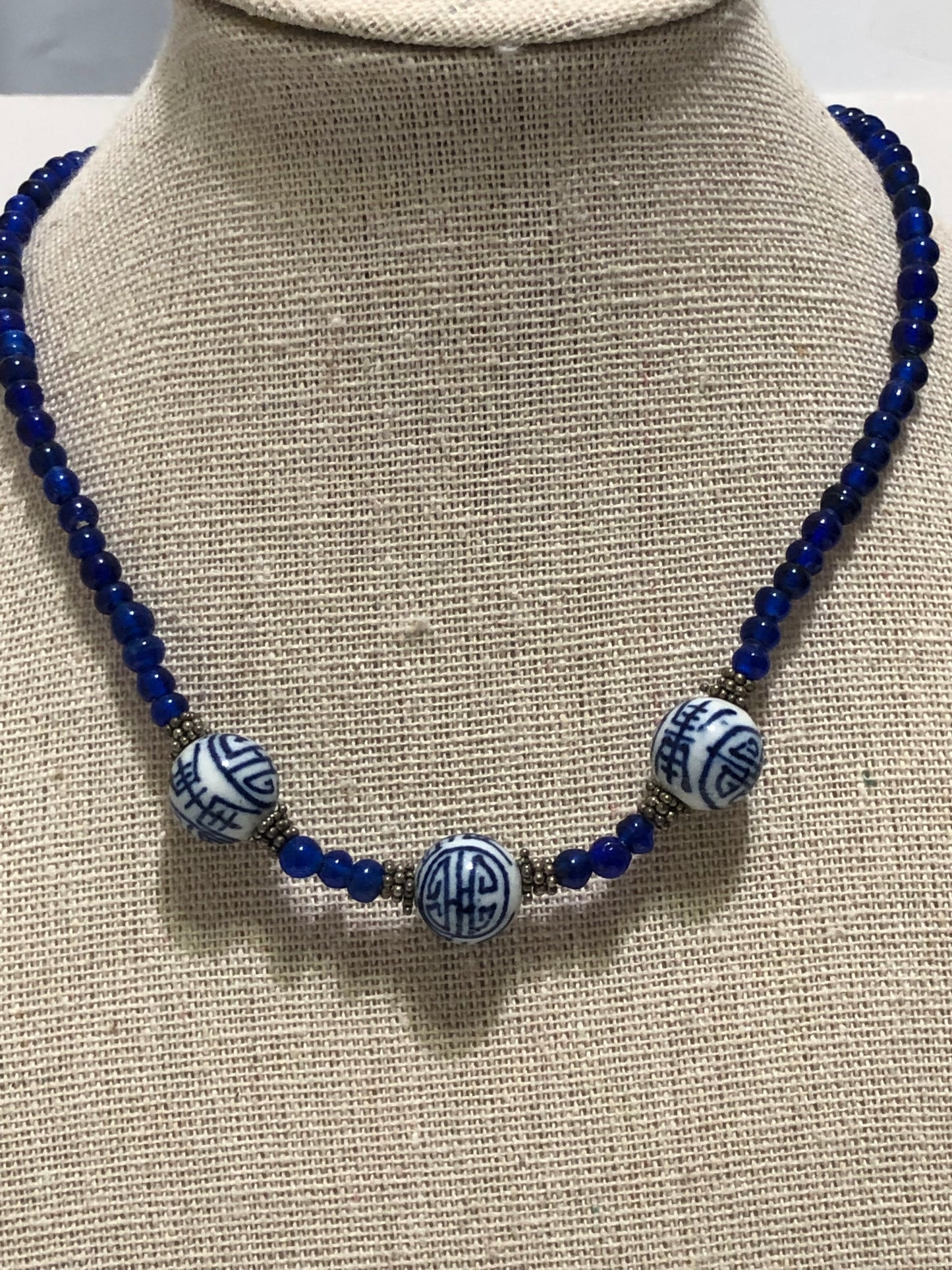 Hand Beaded Chinese Beads and Blue Bead Necklace