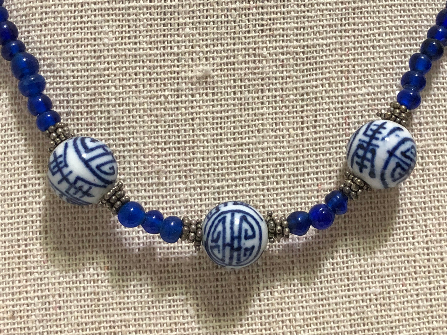 Hand Beaded Chinese Beads and Blue Bead Necklace